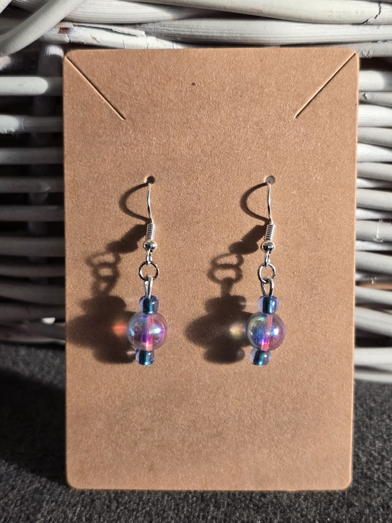 Handmade Jewelry - ​Iridescent Rainbow Glass Bead Dangle Earrings Handmade NWT